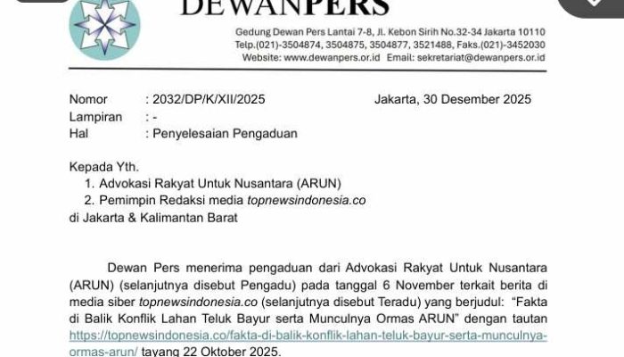 Aduan ARUN di Dewan Pers, Topnewsindonesia.co Siap Layani Hak Jawab
